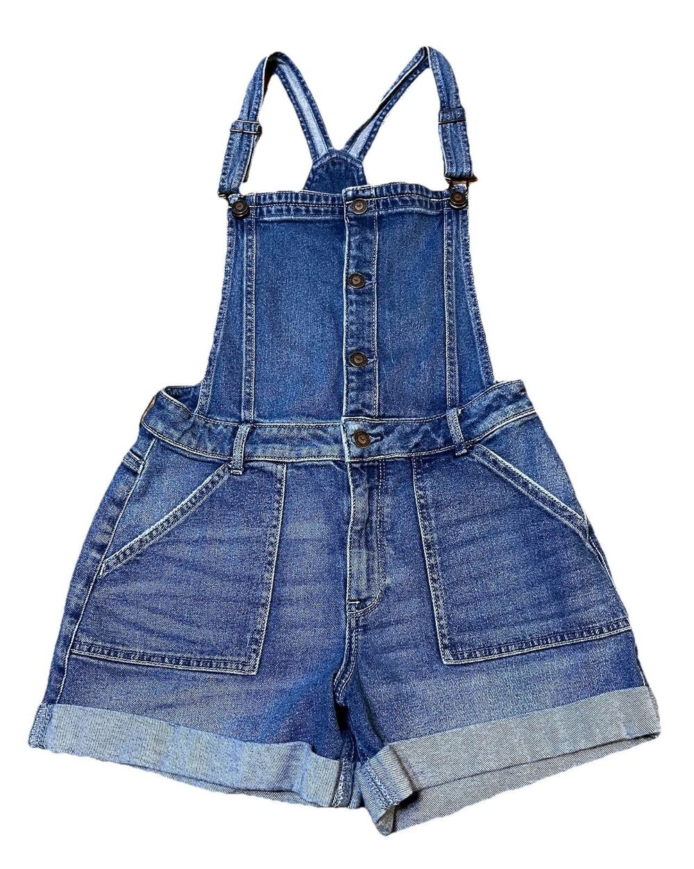 Hollister High-Rise Mom Short Overall 3" Inseam Denim Blue Medium Shortalls